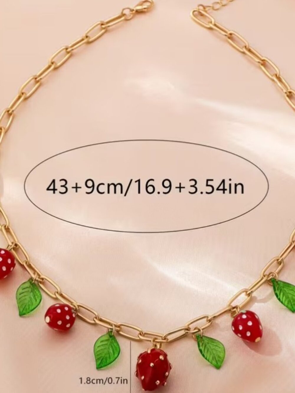 New Gold Paperclip Chain Strawberry Charm Necklace with Green leaves - Picture 3 of 3